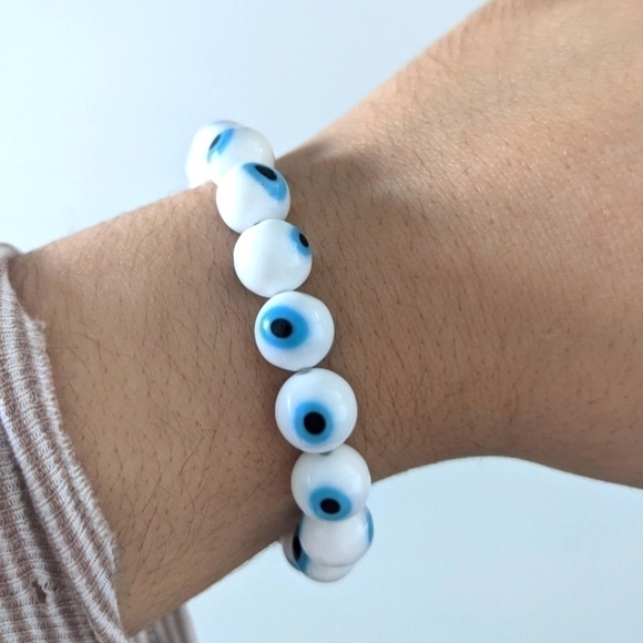 Evil Eye White Beaded  Stretch Bracelet | Handcrafted by me and New - Picture 4 of 6